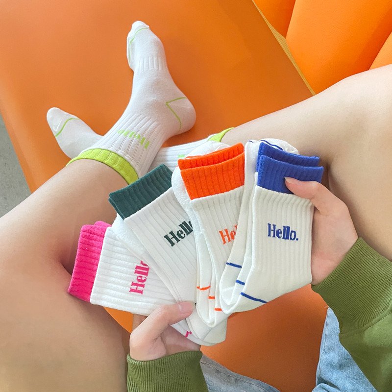 HEHE Custom Knitted Logo Socks Crew Socks Womens Double Rib INS Color Block Letter Sports Socks with LOGO