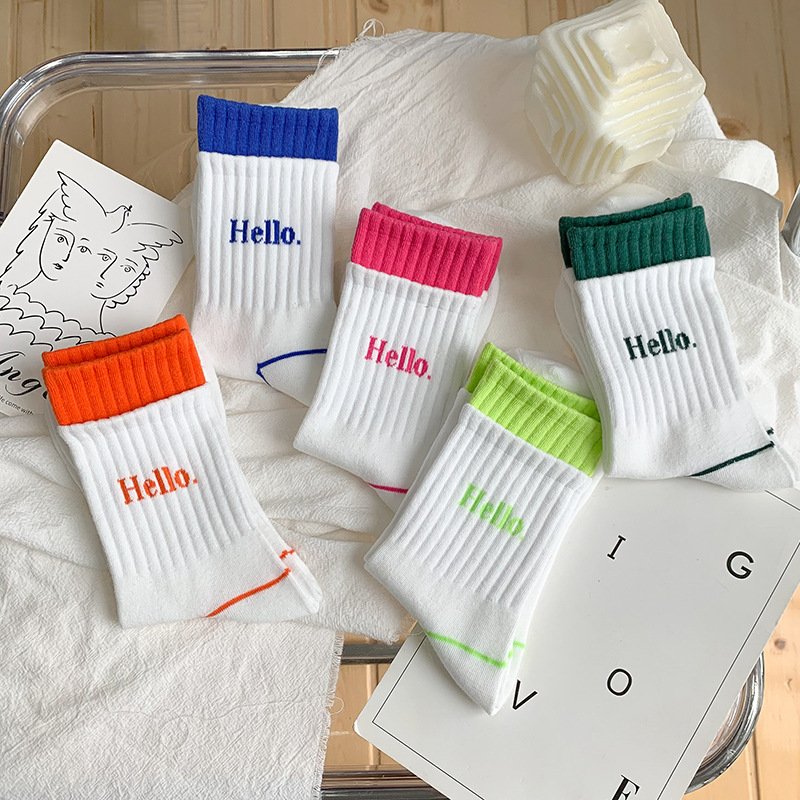 HEHE Custom Knitted Logo Socks Crew Socks Womens Double Rib INS Color Block Letter Sports Socks with LOGO