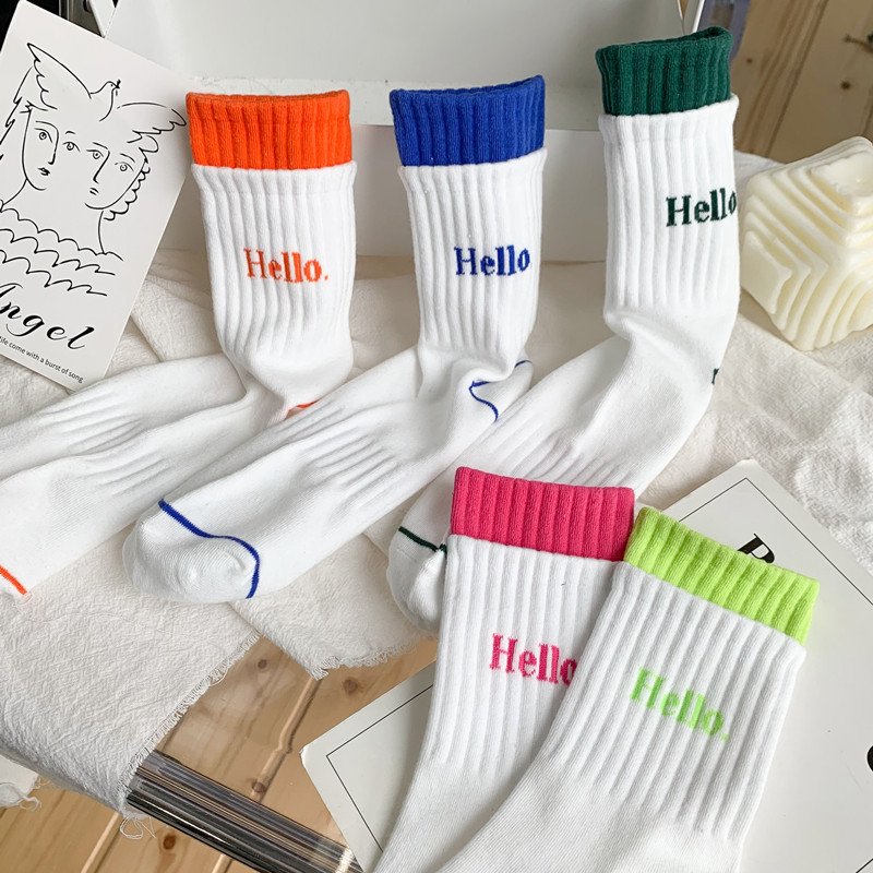 HEHE Custom Knitted Logo Socks Crew Socks Womens Double Rib INS Color Block Letter Sports Socks with LOGO