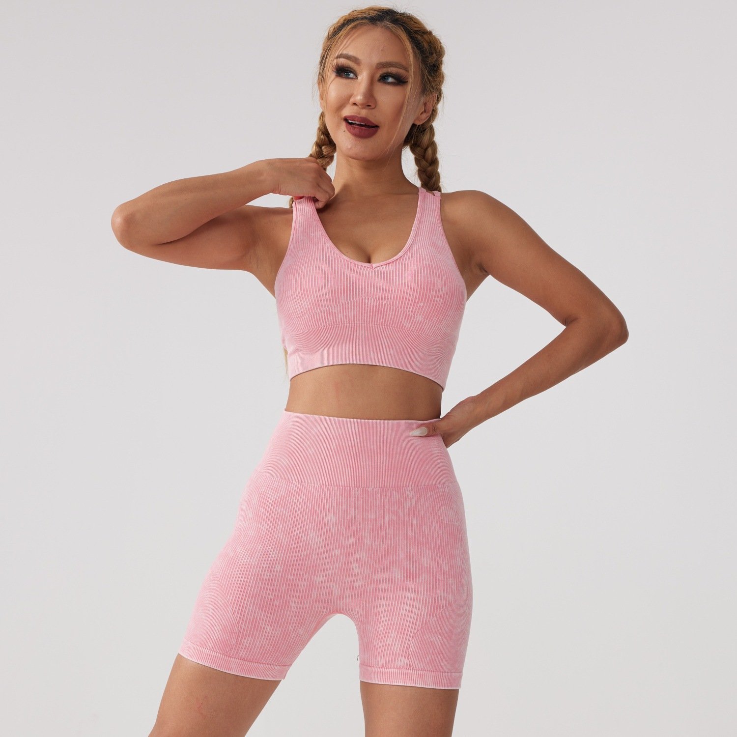 Women Ribbed Square Neck Yoga Suit Lady Halter Long Sleeve Gym Sets Female High Waist Scrunch Butt Sports Suit