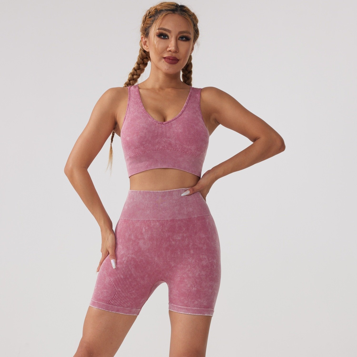 Women Ribbed Square Neck Yoga Suit Lady Halter Long Sleeve Gym Sets Female High Waist Scrunch Butt Sports Suit