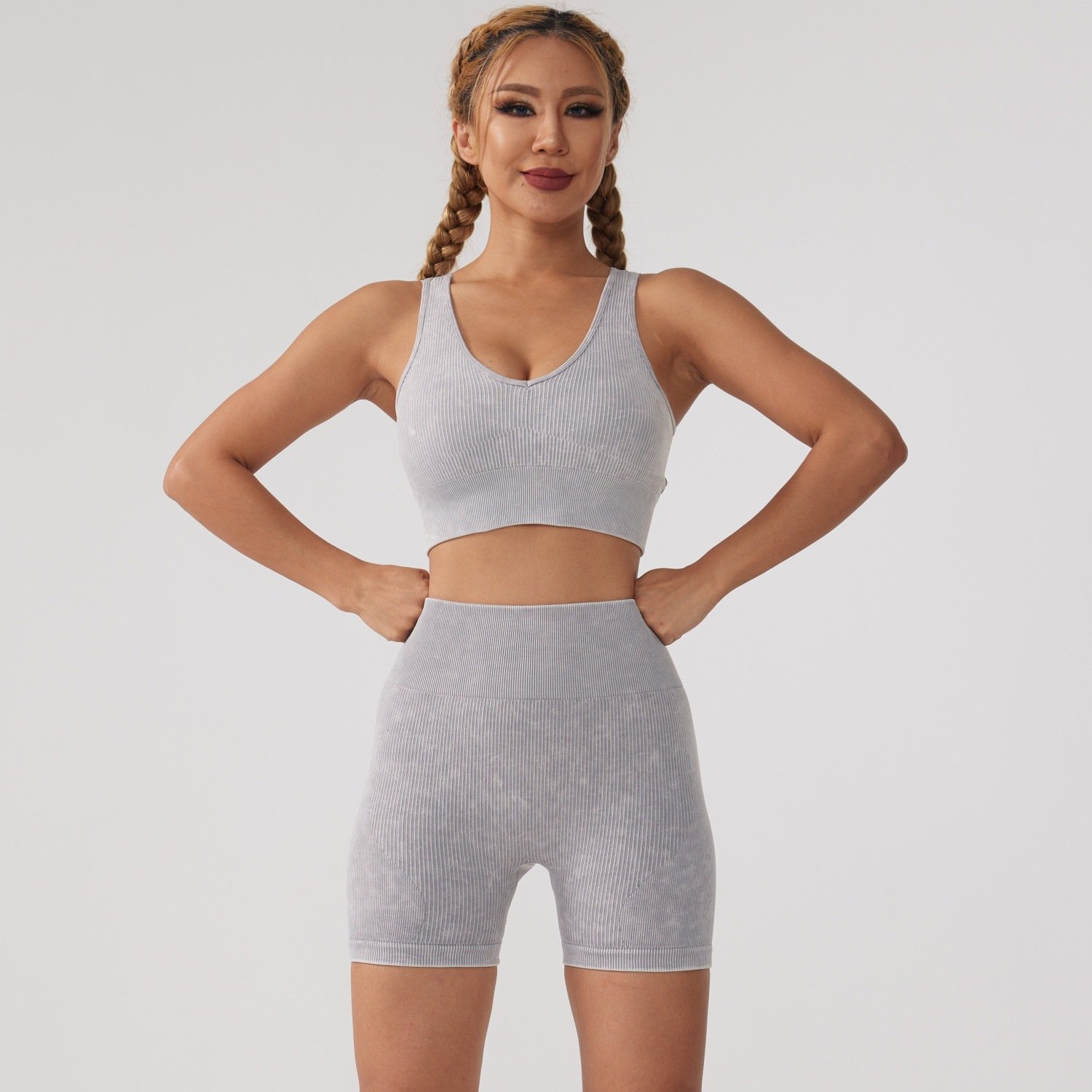 Women Ribbed Square Neck Yoga Suit Lady Halter Long Sleeve Gym Sets Female High Waist Scrunch Butt Sports Suit