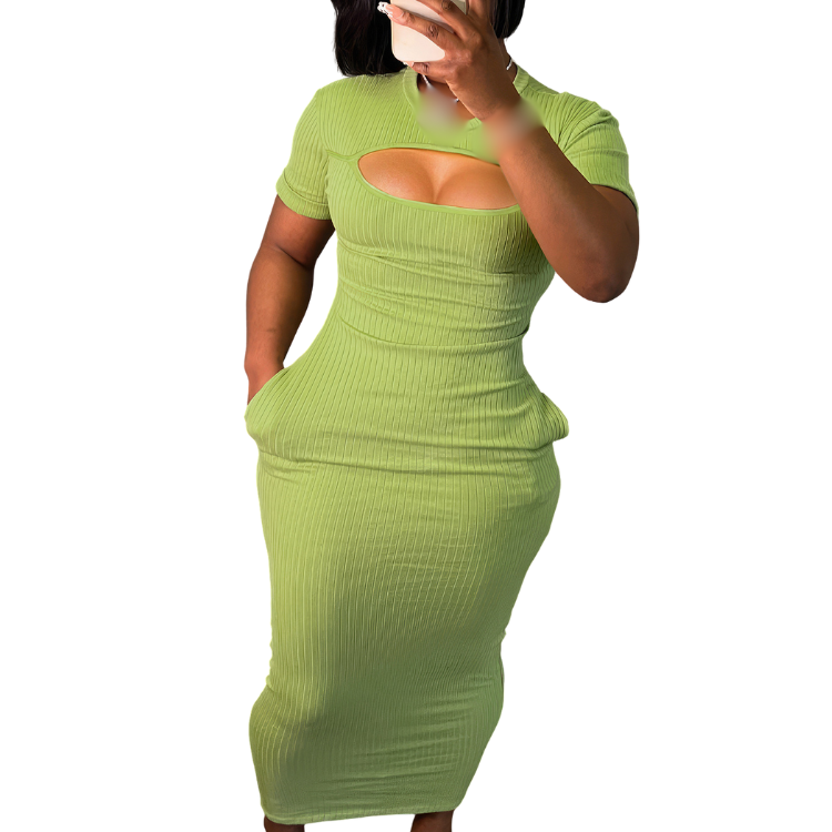 Ribbed Solid O Neck Short Sleeve Hollow Out Sexy Slim Elegant Maxi Dress Women Party Birthday Club Outfits