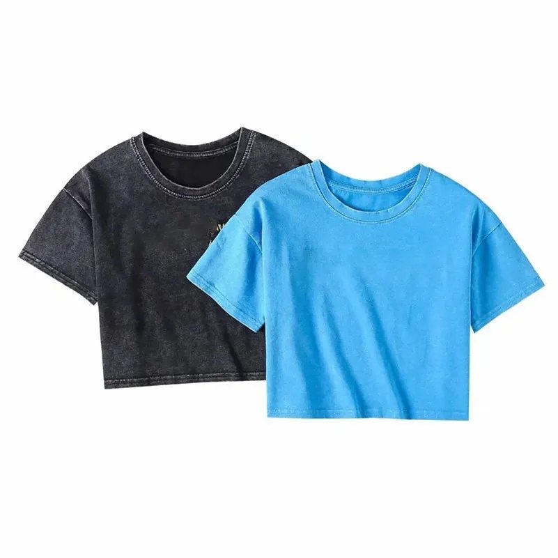 Custom Retro Vintage Women T Shirt Summer Black O-neck Acid Washed Crop Top Tee Tshirt For Female