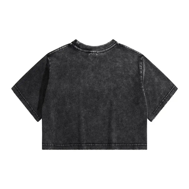 Custom Retro Vintage Women T Shirt Summer Black O-neck Acid Washed Crop Top Tee Tshirt For Female