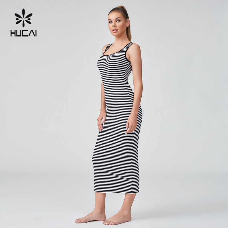 HUCAI Custom Logo Womens black and white stripe sexy cotton Spandex high strech ribbed tight fit Bodycon maxi Sleeveless Dress