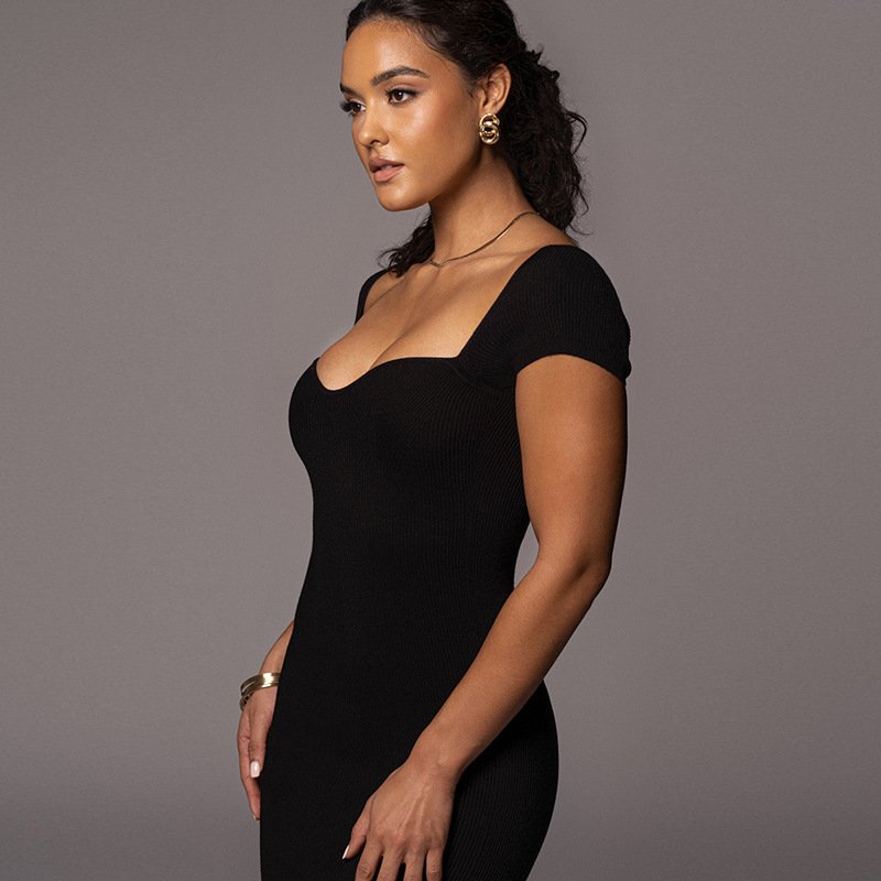 High Quality Vintage Rib Knit Midi Dress for Women Off-Shoulder Fashion with Anti-Wrinkle Slim waist Elegant Sexy Style Dress