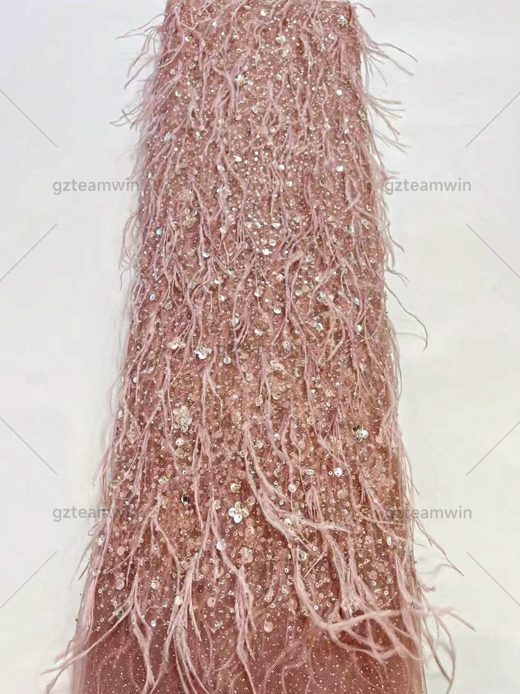 Luxury 3D Handmade Ostrich Feather Lace Tulle Sequin Embroidery Lace Fabric For Bridal Party Dresses