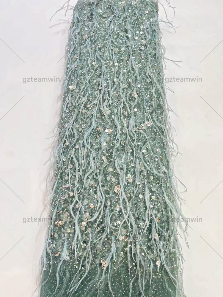 Luxury 3D Handmade Ostrich Feather Lace Tulle Sequin Embroidery Lace Fabric For Bridal Party Dresses