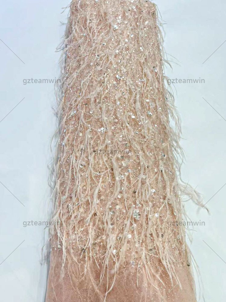 Luxury 3D Handmade Ostrich Feather Lace Tulle Sequin Embroidery Lace Fabric For Bridal Party Dresses