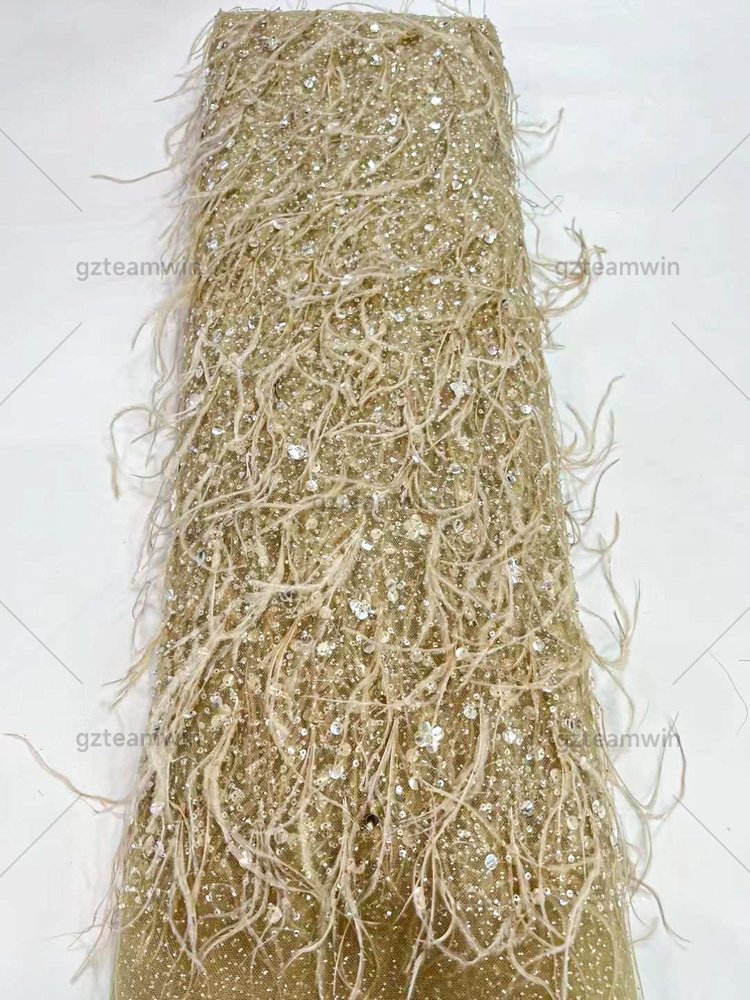 Luxury 3D Handmade Ostrich Feather Lace Tulle Sequin Embroidery Lace Fabric For Bridal Party Dresses