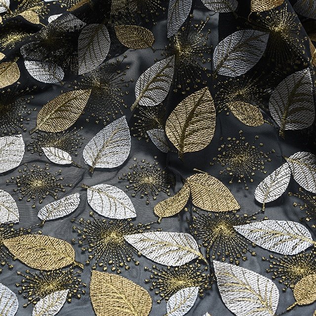 HA-15955B Factory price multi color leaves embroidery nylon net mesh fabric for clothing