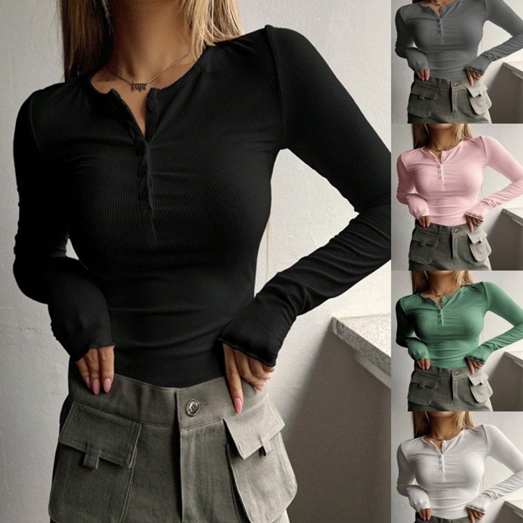 Customized women's slim fit ribbed t-shirt women's button-down sweater women's long-sleeved t-shirt