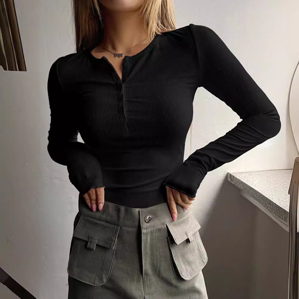 Customized women's slim fit ribbed t-shirt women's button-down sweater women's long-sleeved t-shirt