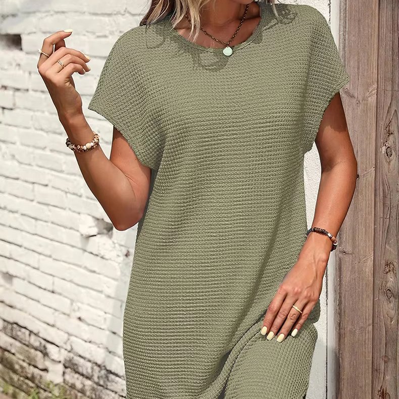 Crew Neck Slit Straight Bottom Ankle Length Bodycon Micro Rib Casual Dresses Women