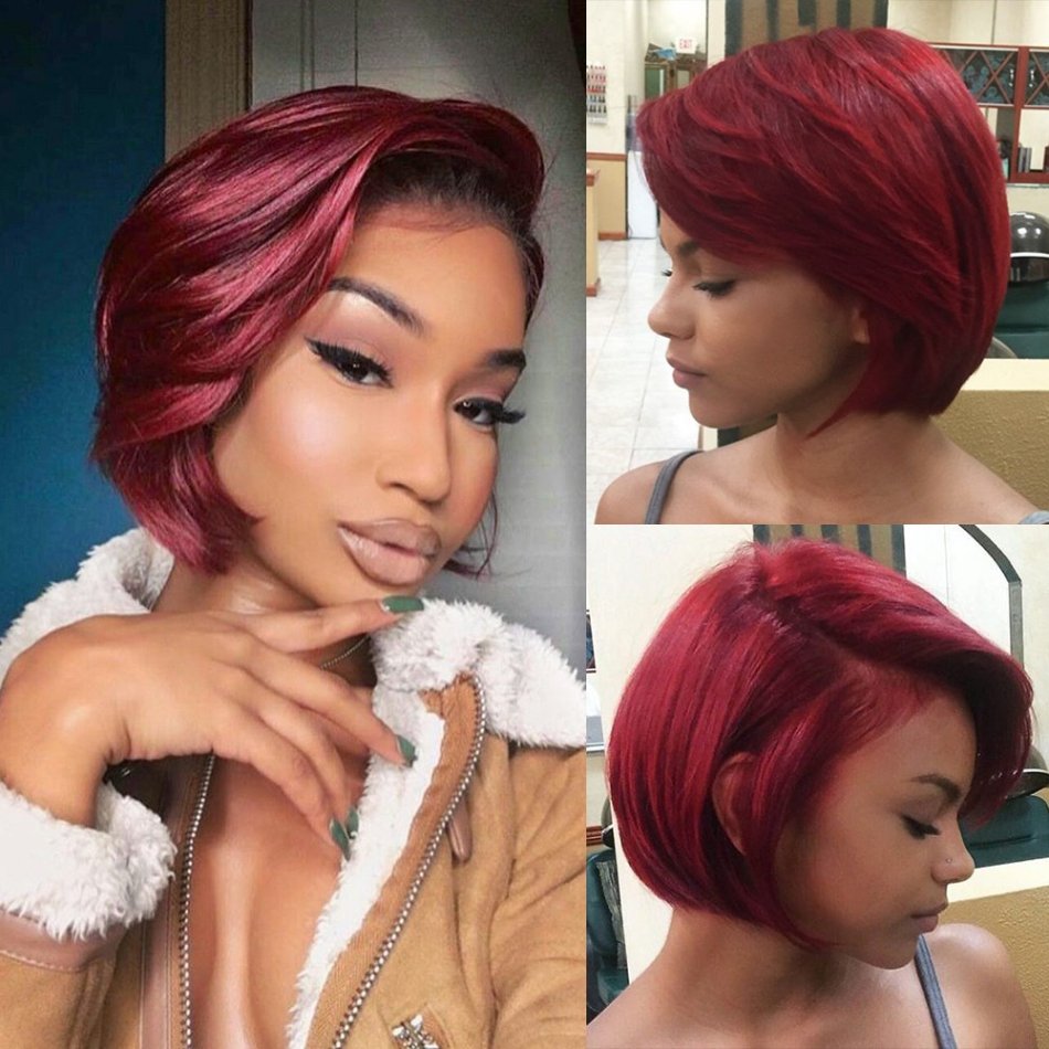 Cheap Indian Colored Burgundy 99J Short Straight 13X4 Pixie Cut Lace Frontal Wig Human Hair With Baby Hair For Black Women