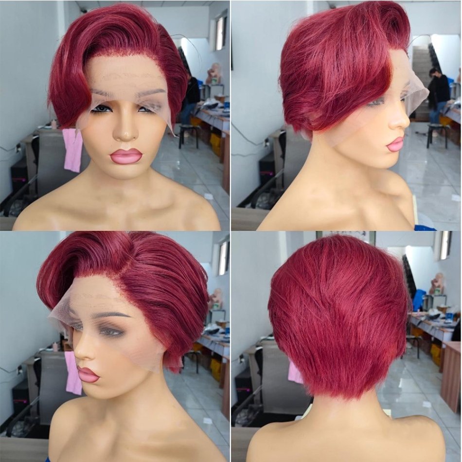 Cheap Indian Colored Burgundy 99J Short Straight 13X4 Pixie Cut Lace Frontal Wig Human Hair With Baby Hair For Black Women