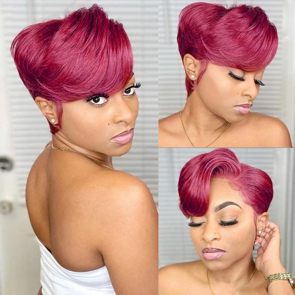 Cheap Indian Colored Burgundy 99J Short Straight 13X4 Pixie Cut Lace Frontal Wig Human Hair With Baby Hair For Black Women