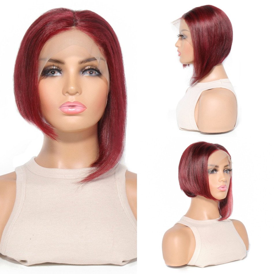 Cheap Indian Colored Burgundy 99J Short Straight 13X4 Pixie Cut Lace Frontal Wig Human Hair With Baby Hair For Black Women