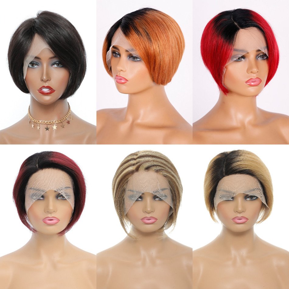 Cheap Indian Colored Burgundy 99J Short Straight 13X4 Pixie Cut Lace Frontal Wig Human Hair With Baby Hair For Black Women