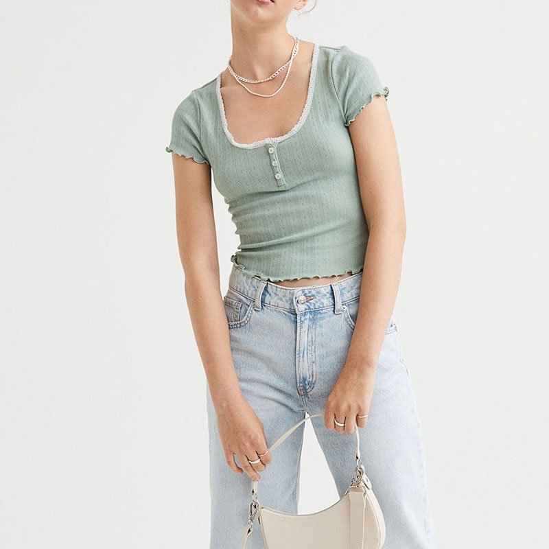 High Quality Custom Knit Cotton Ladies Crop Tops Summer Button Lace Casual Vintage Ribbed Cropped Top For Woman