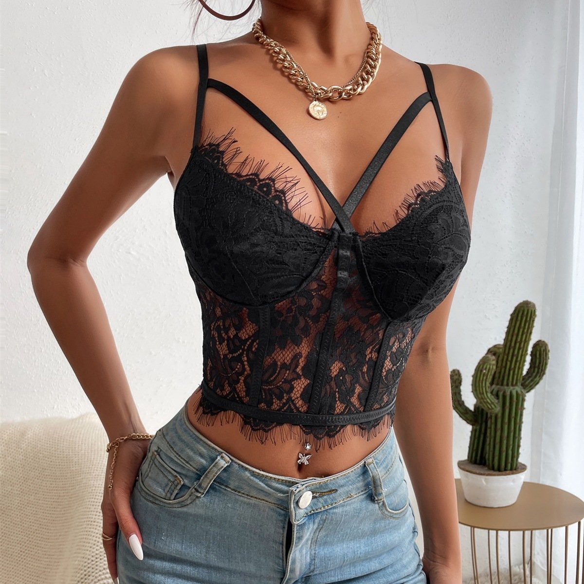 chuangerm 2024 Hot selling minimalist lace eyelashes lace sexy perspective lace exposed navel and a slim fit inside corset top