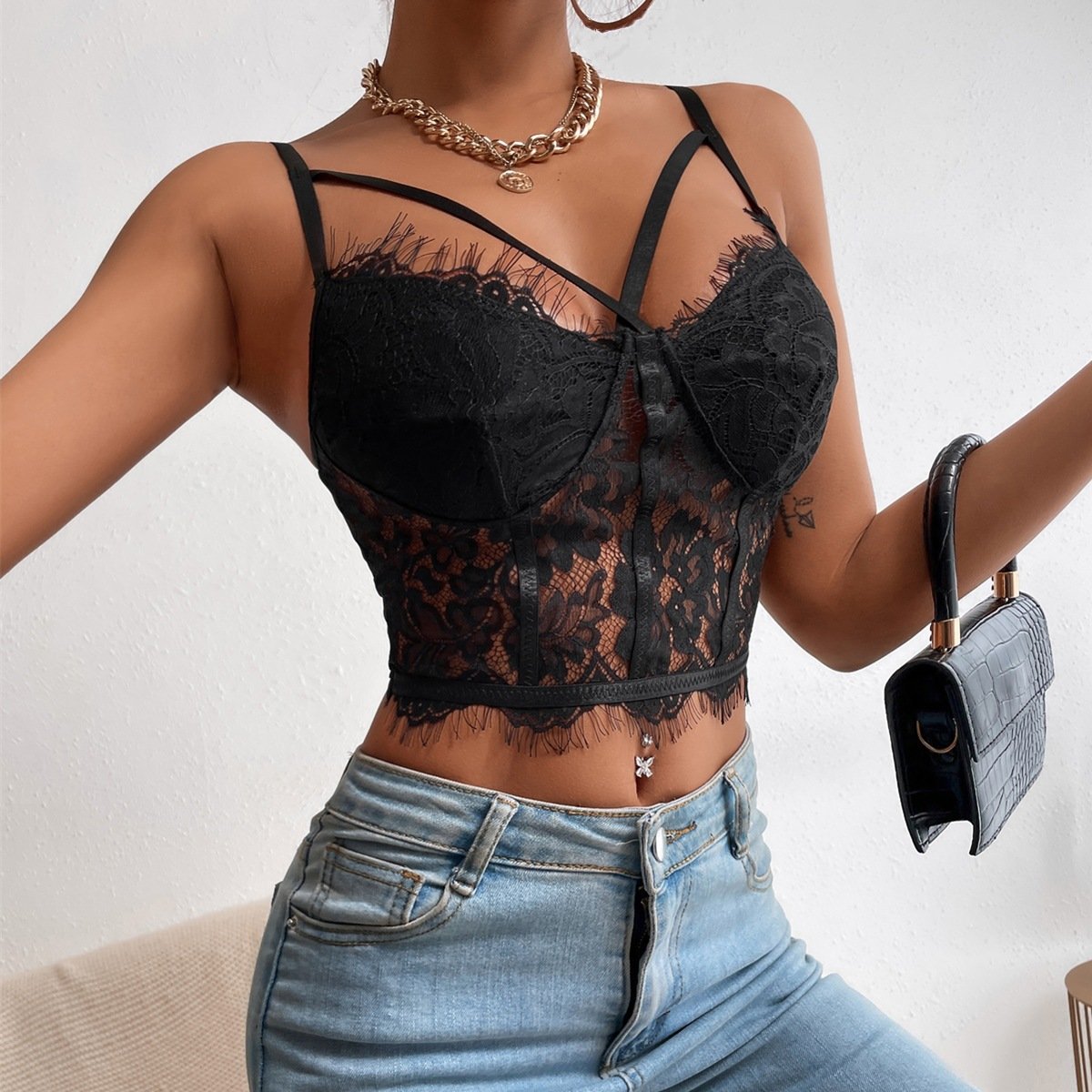chuangerm 2024 Hot selling minimalist lace eyelashes lace sexy perspective lace exposed navel and a slim fit inside corset top