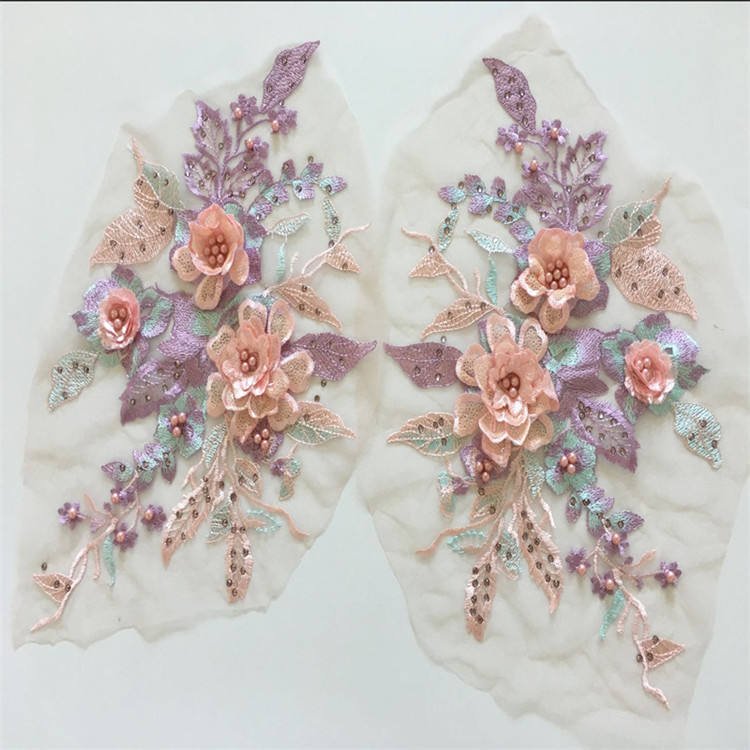 Colorful 3D Flowers Beaded Diamond Mesh Embroidery Lace Fabric Patch Dress Decorative Accessories