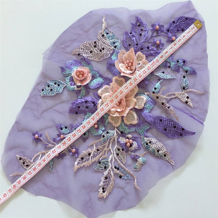 Colorful 3D Flowers Beaded Diamond Mesh Embroidery Lace Fabric Patch Dress Decorative Accessories
