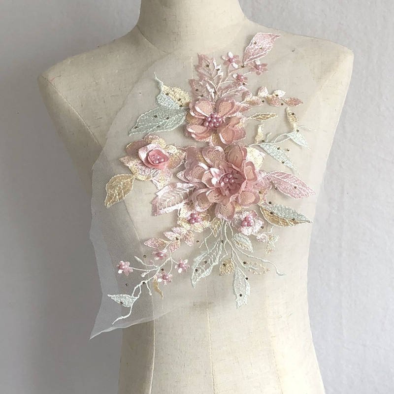 Colorful 3D Flowers Beaded Diamond Mesh Embroidery Lace Fabric Patch Dress Decorative Accessories