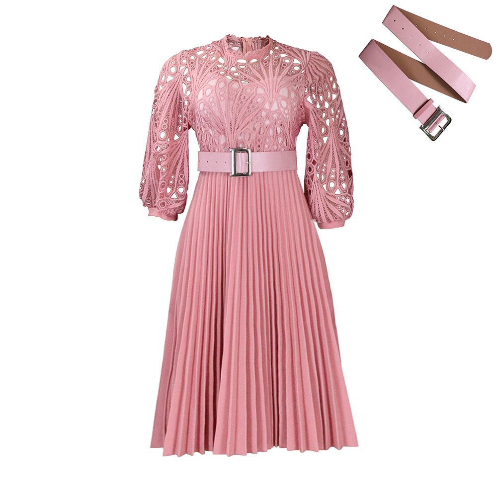 S to 3Xl Women's Solid Floral Lace Dress 3/4 Sleeve Belted Panel A-Line Pleated Dress Midi Dress Cutout