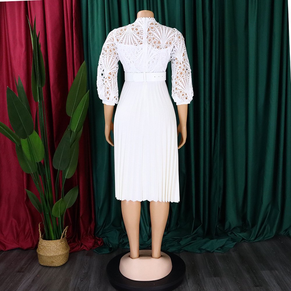 S to 3Xl Women's Solid Floral Lace Dress 3/4 Sleeve Belted Panel A-Line Pleated Dress Midi Dress Cutout