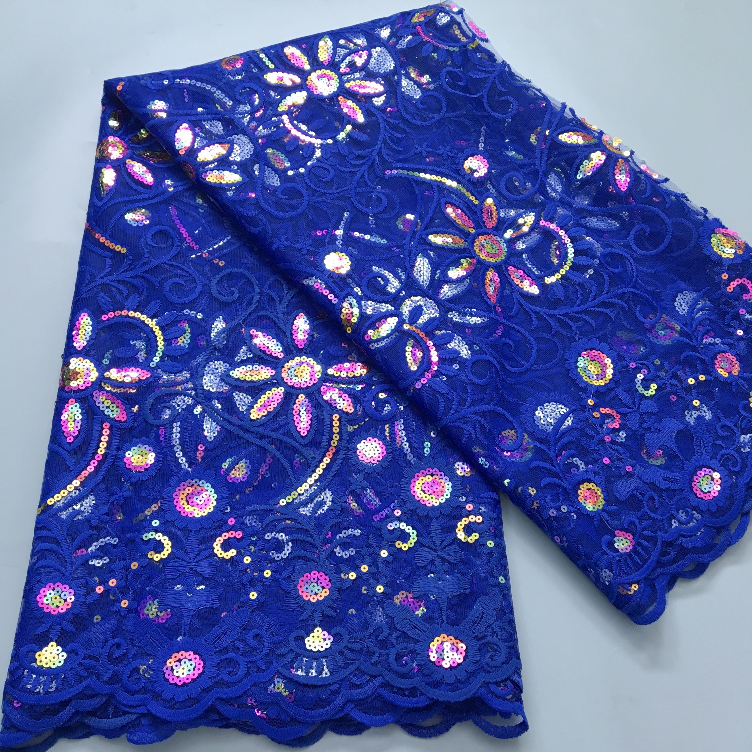 Royal Blue African Tulle Mesh Lace Fabric with Sequins 2024 Wholesale French Net Lace for Women Wedding Party Dresses 3992