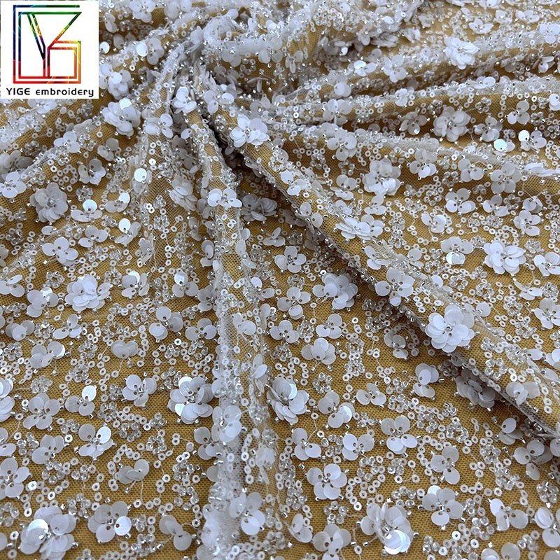 french embroidery Wedding Dress Bridal Crystal Sequins Fabric African women 3D Heavy Beaded Lace Tulle Bridal White Lace Fabric