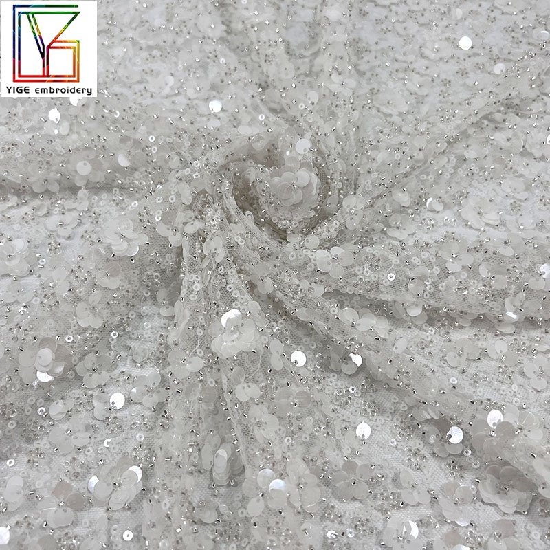 french embroidery Wedding Dress Bridal Crystal Sequins Fabric African women 3D Heavy Beaded Lace Tulle Bridal White Lace Fabric