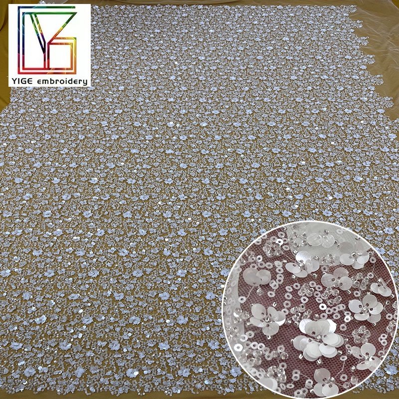 french embroidery Wedding Dress Bridal Crystal Sequins Fabric African women 3D Heavy Beaded Lace Tulle Bridal White Lace Fabric