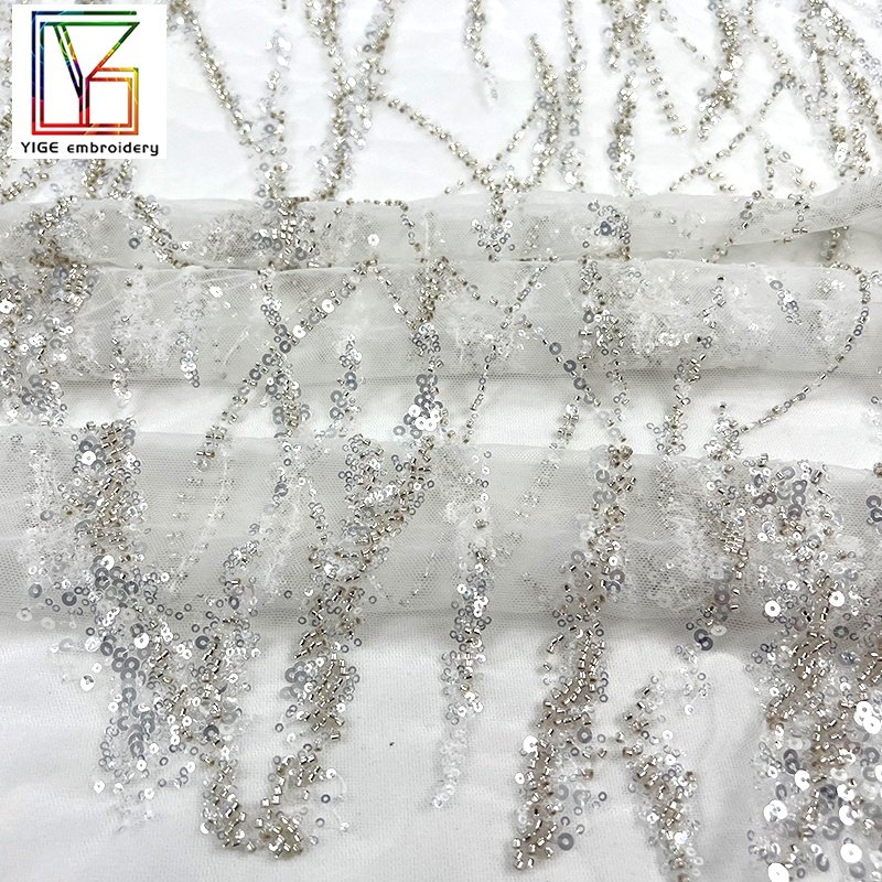 New fashion 3d Luxury french bridal white beaded sequined african evening dress stripe embroidery Mesh Lace fabric