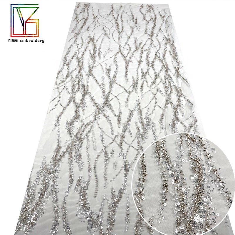 New fashion 3d Luxury french bridal white beaded sequined african evening dress stripe embroidery Mesh Lace fabric