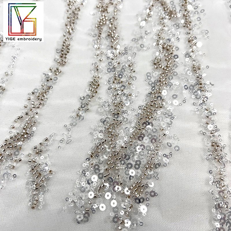 New fashion 3d Luxury french bridal white beaded sequined african evening dress stripe embroidery Mesh Lace fabric