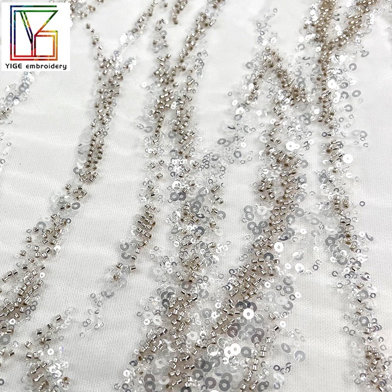 New fashion 3d Luxury french bridal white beaded sequined african evening dress stripe embroidery Mesh Lace fabric