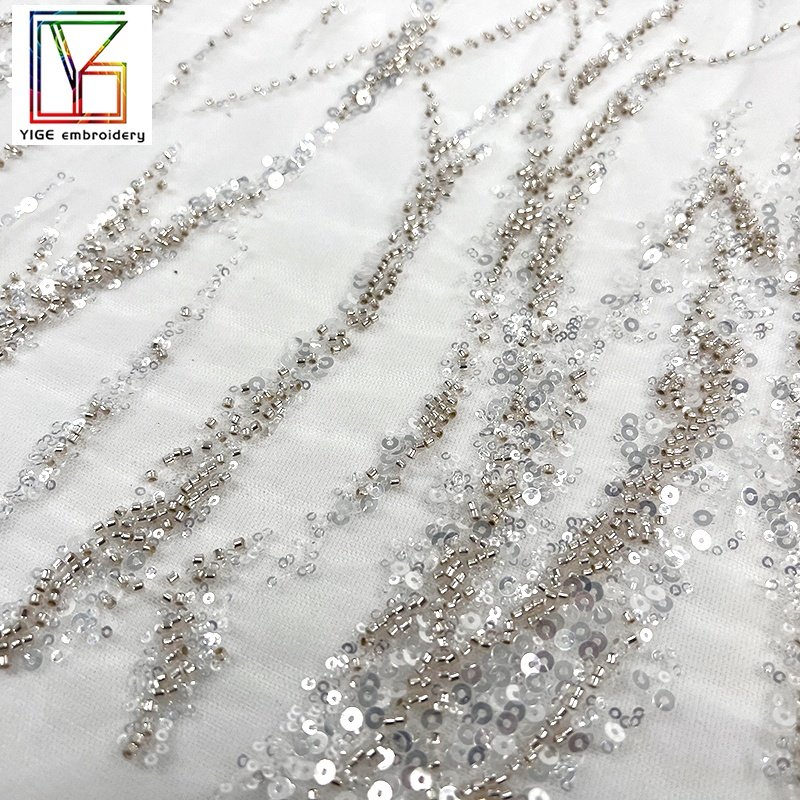 New fashion 3d Luxury french bridal white beaded sequined african evening dress stripe embroidery Mesh Lace fabric
