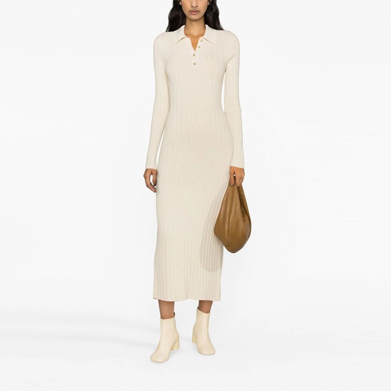Collar Wool Sweater 2024 Light Weight Scoop Neck Ribbed Jersey Summer Casual Dresses Simple Natural 12GG OEM Service Velvet