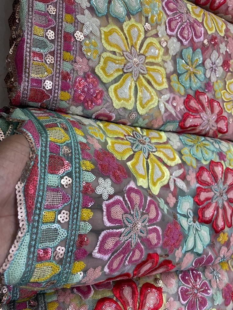 Direct Factory Supply BDA Panna 8 Sequence Heavy Damask Work Fabric Butterfly Embroidery Net for Wedding Clothing at Bulk Price