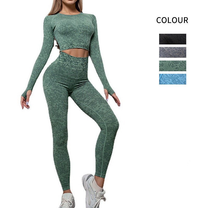 Yoga Wear Seamless Knit Slim Long Sleeve Top Sports Fitness Suit Women Yoga Pants Wholesale Seamless Workout Set