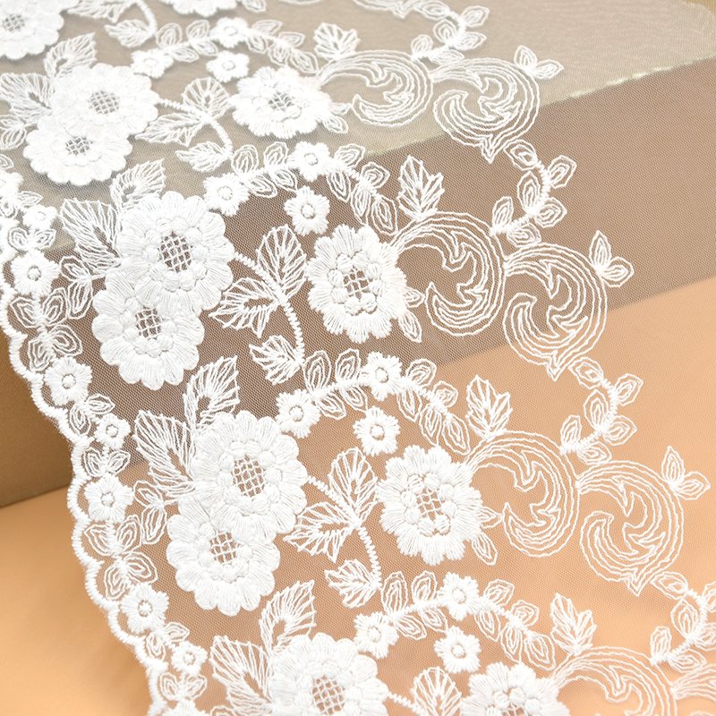 Black and white transparent mesh nylon cotton floral embroidery three-dimensional lace