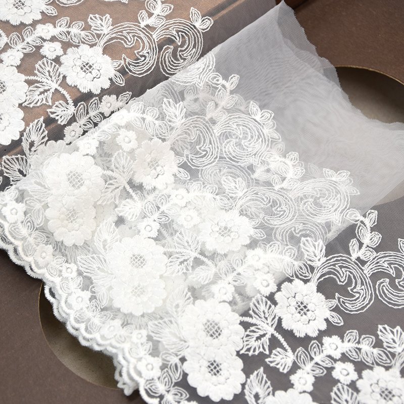 Black and white transparent mesh nylon cotton floral embroidery three-dimensional lace