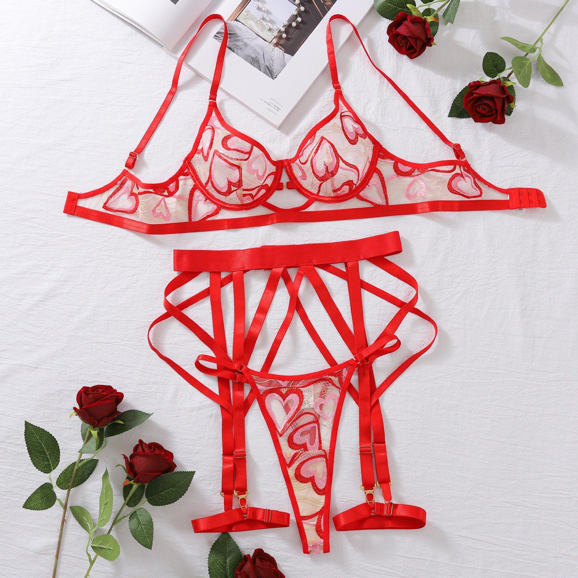 Bulk Price American Ladies Hollow Out Transparent Underwear Sexy Lace Embroidery Bandage Lingerie Red Heart Embroidered Bra Set
