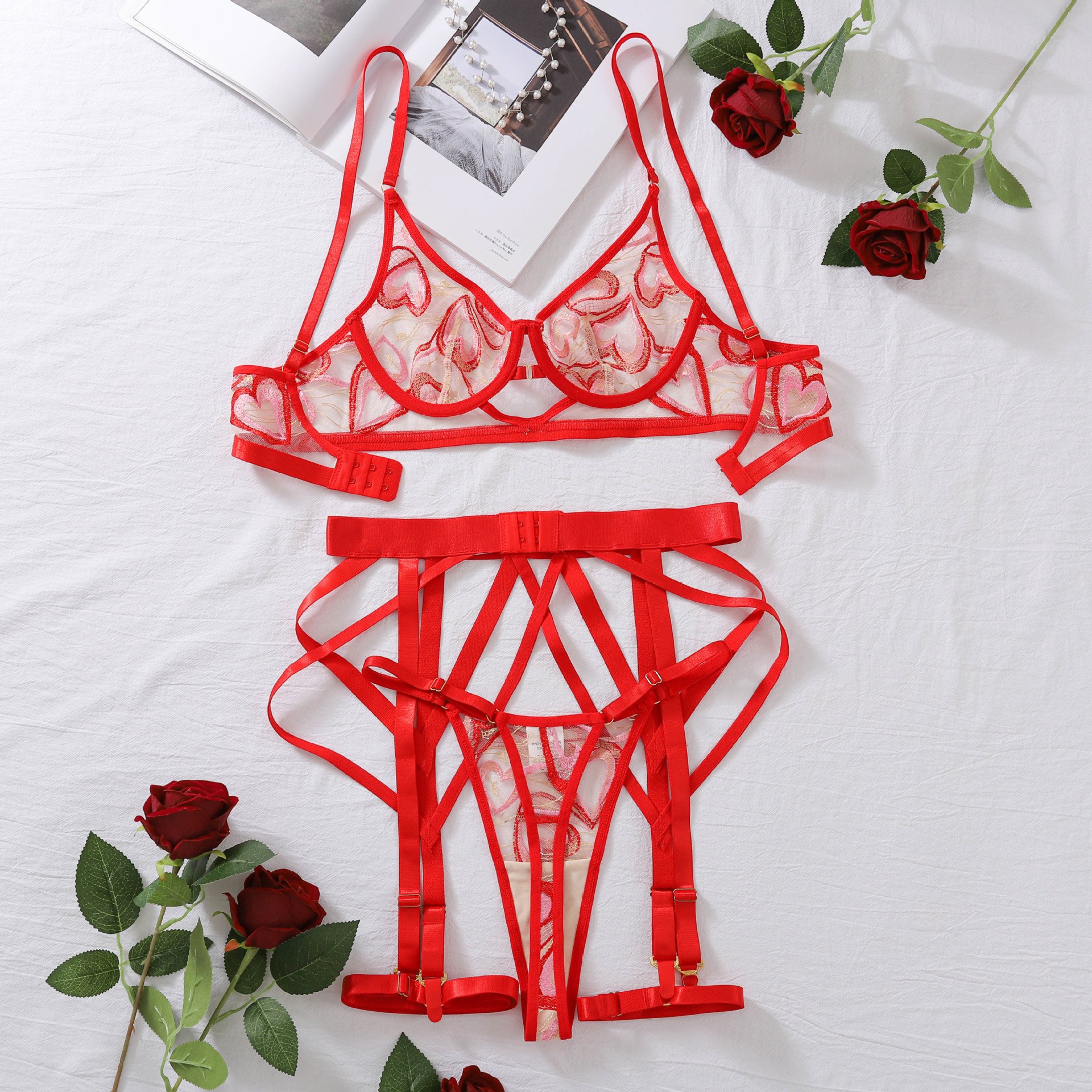 Bulk Price American Ladies Hollow Out Transparent Underwear Sexy Lace Embroidery Bandage Lingerie Red Heart Embroidered Bra Set