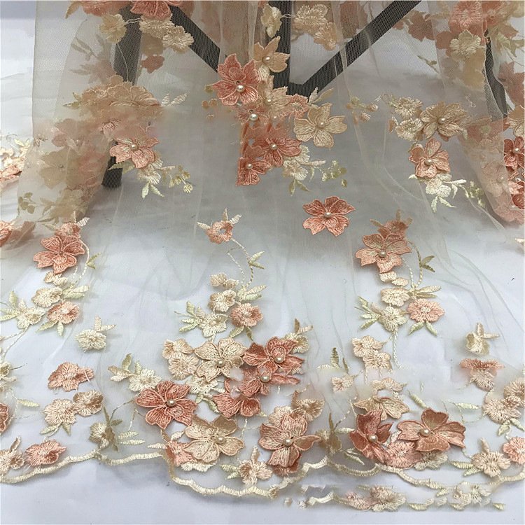 high quality indian bridal embroidered Hot selling laces fabrics bubble beaded embroidery fabric sewing Four-leaf lace fabric