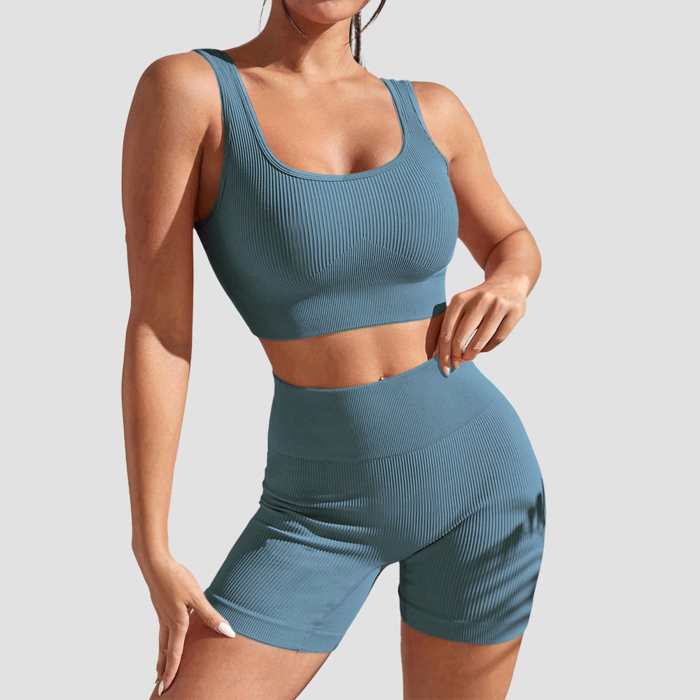 Women Ribbed Sleeveless Workout Wear Lady Thick Shoulder Straps Sports Suit Female Scrunch Butt Crop TOP Running Sets